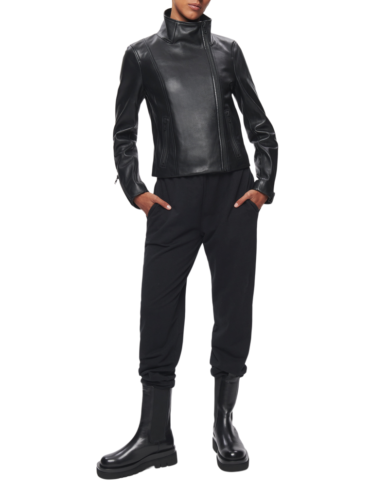 Women's Asymmetrical Leather Jacket in Black DSTLD