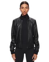 Women's Leather Bomber Jacket in Black